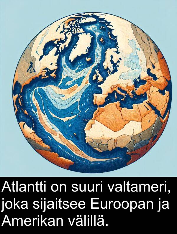 sijaitsee: Atlantti on suuri valtameri, joka sijaitsee Euroopan ja Amerikan välillä.