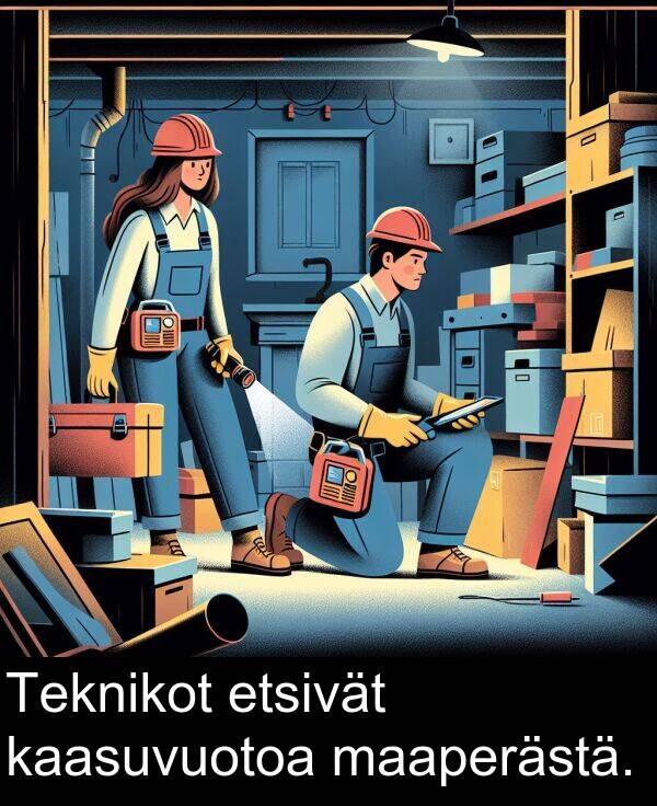 maaperästä: Teknikot etsivät kaasuvuotoa maaperästä.