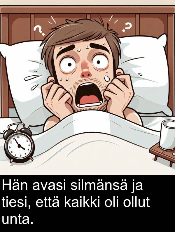silmänsä: Hän avasi silmänsä ja tiesi, että kaikki oli ollut unta.