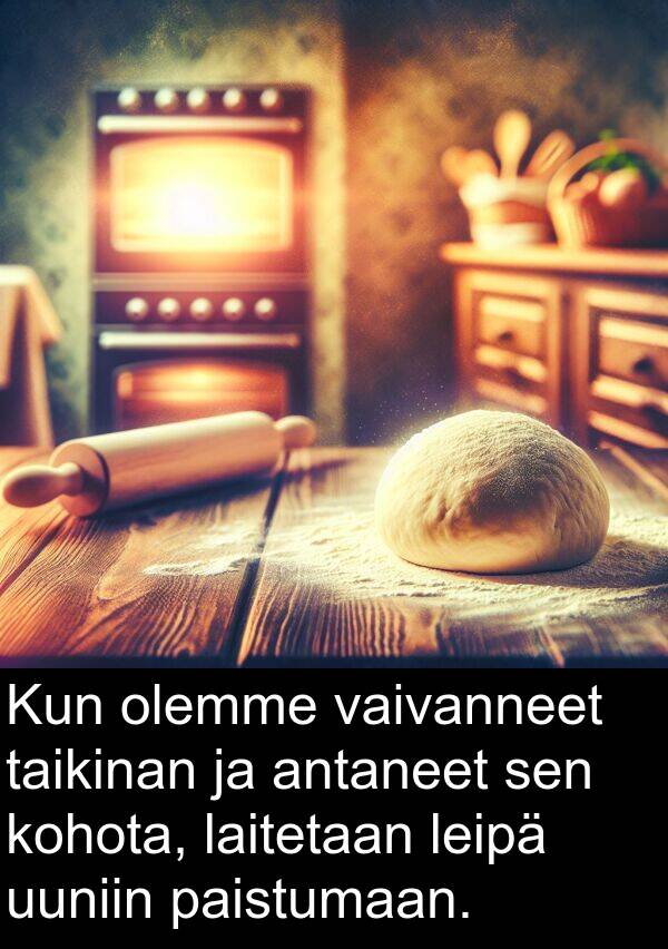 laitetaan: Kun olemme vaivanneet taikinan ja antaneet sen kohota, laitetaan leipä uuniin paistumaan.