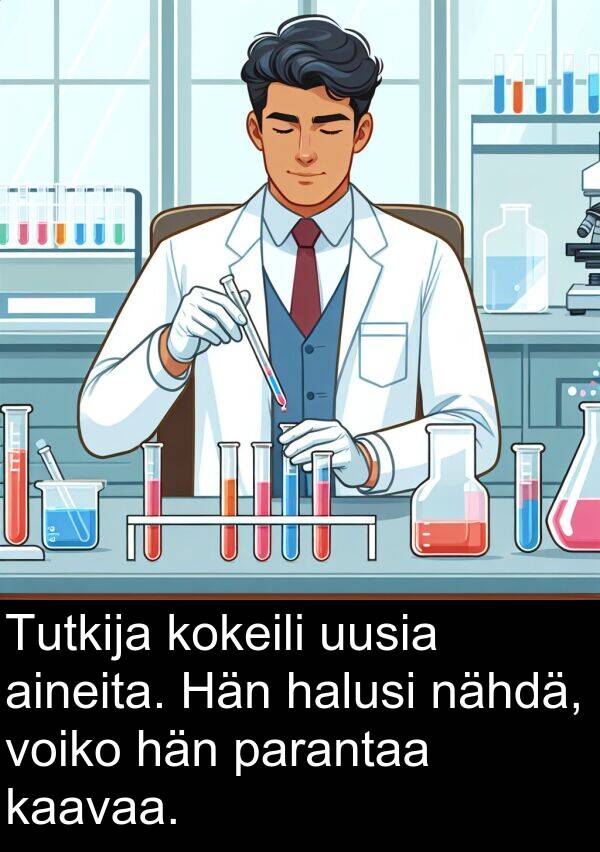 parantaa: Tutkija kokeili uusia aineita. Hän halusi nähdä, voiko hän parantaa kaavaa.