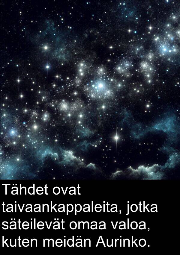 taivaankappaleita: Tähdet ovat taivaankappaleita, jotka säteilevät omaa valoa, kuten meidän Aurinko.