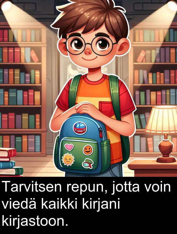 repun: Tarvitsen repun, jotta voin viedä kaikki kirjani kirjastoon.