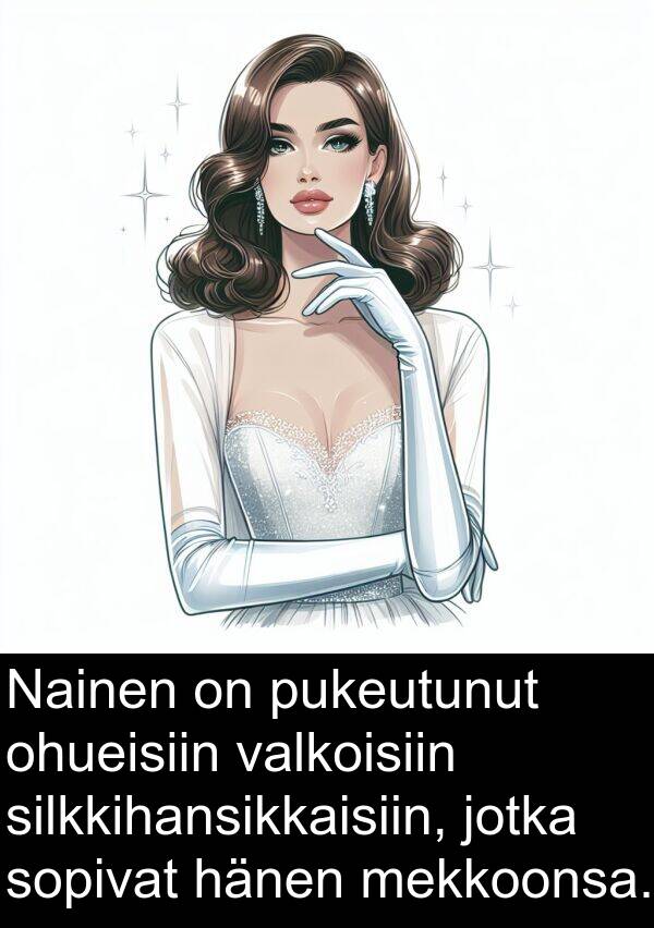 sopivat: Nainen on pukeutunut ohueisiin valkoisiin silkkihansikkaisiin, jotka sopivat hänen mekkoonsa.