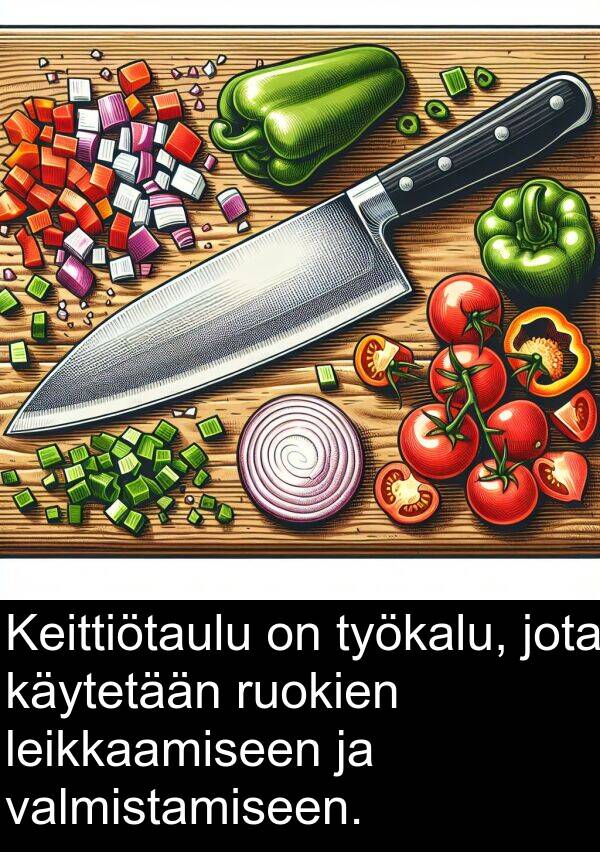 käytetään: Keittiötaulu on työkalu, jota käytetään ruokien leikkaamiseen ja valmistamiseen.