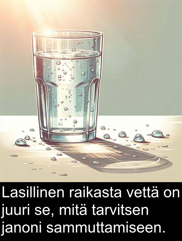 sammuttamiseen: Lasillinen raikasta vettä on juuri se, mitä tarvitsen janoni sammuttamiseen.