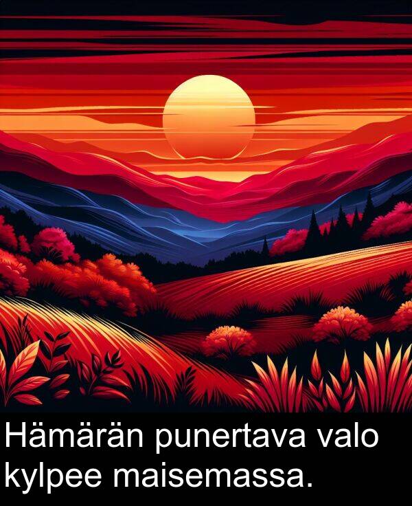 punertava: Hämärän punertava valo kylpee maisemassa.