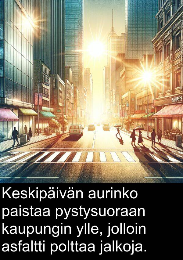 pystysuoraan: Keskipäivän aurinko paistaa pystysuoraan kaupungin ylle, jolloin asfaltti polttaa jalkoja.
