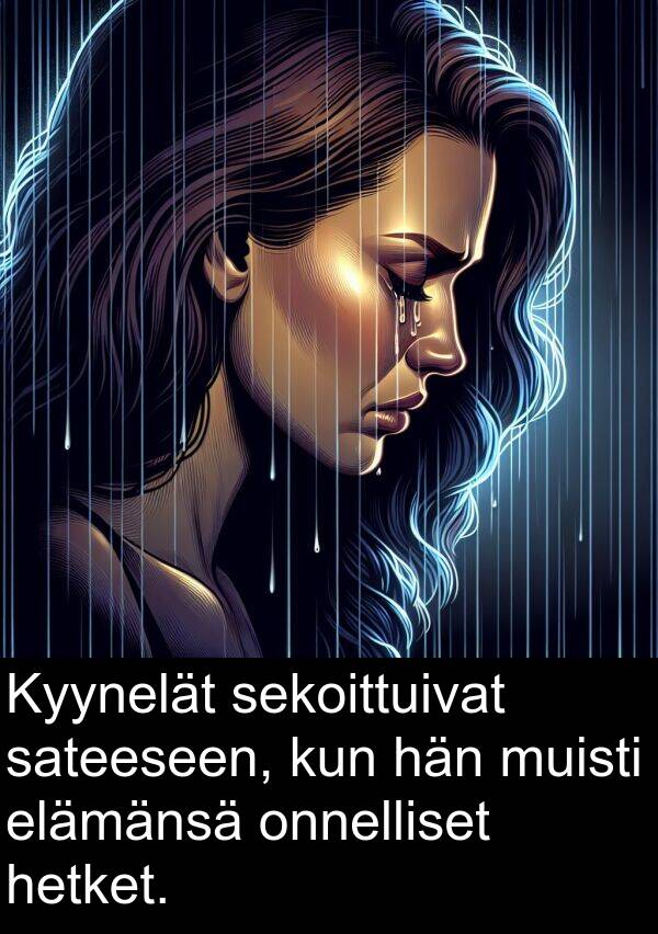 sekoittuivat: Kyynelät sekoittuivat sateeseen, kun hän muisti elämänsä onnelliset hetket.