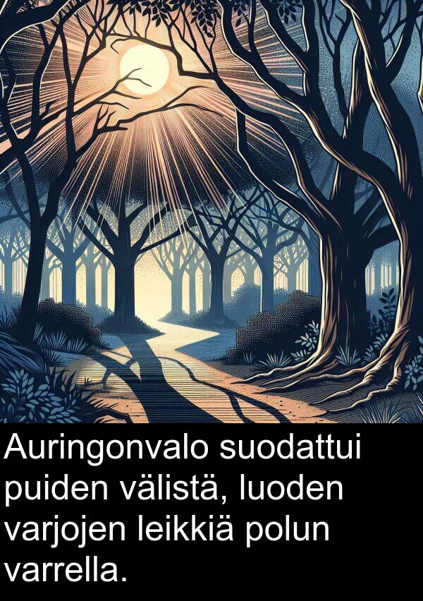 suodattui: Auringonvalo suodattui puiden välistä, luoden varjojen leikkiä polun varrella.