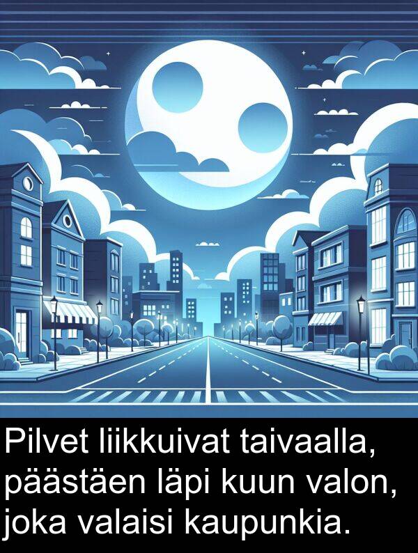 taivaalla: Pilvet liikkuivat taivaalla, päästäen läpi kuun valon, joka valaisi kaupunkia.