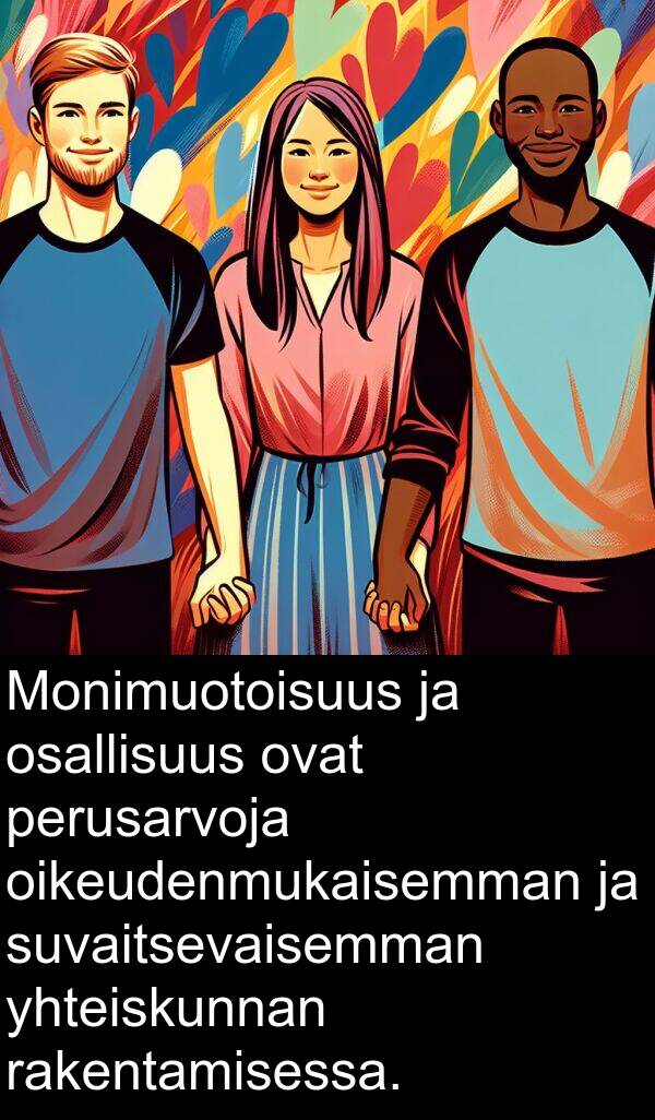 suvaitsevaisemman: Monimuotoisuus ja osallisuus ovat perusarvoja oikeudenmukaisemman ja suvaitsevaisemman yhteiskunnan rakentamisessa.