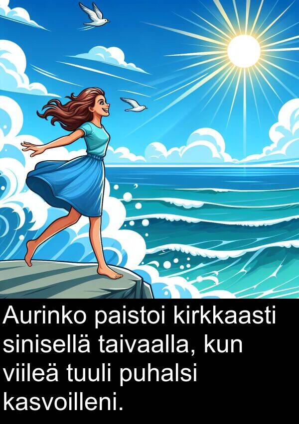taivaalla: Aurinko paistoi kirkkaasti sinisellä taivaalla, kun viileä tuuli puhalsi kasvoilleni.