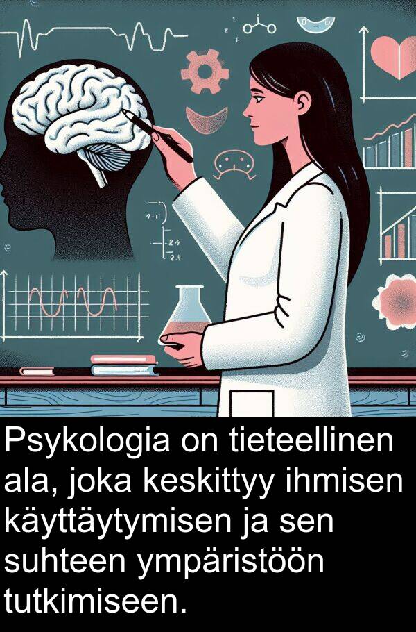 suhteen: Psykologia on tieteellinen ala, joka keskittyy ihmisen käyttäytymisen ja sen suhteen ympäristöön tutkimiseen.