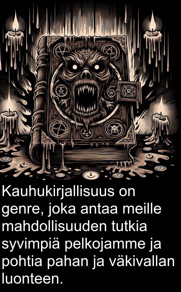 syvimpiä: Kauhukirjallisuus on genre, joka antaa meille mahdollisuuden tutkia syvimpiä pelkojamme ja pohtia pahan ja väkivallan luonteen.