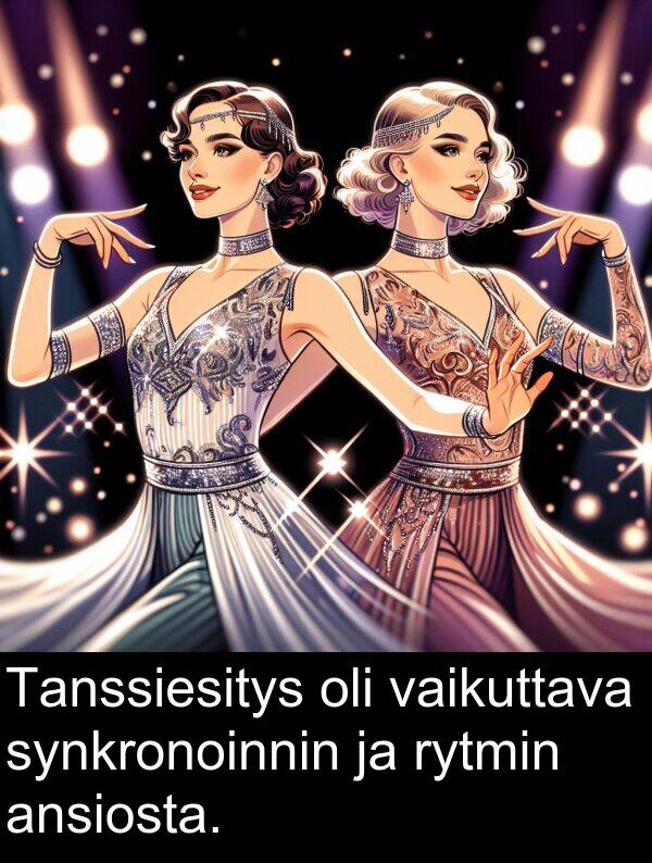 synkronoinnin: Tanssiesitys oli vaikuttava synkronoinnin ja rytmin ansiosta.