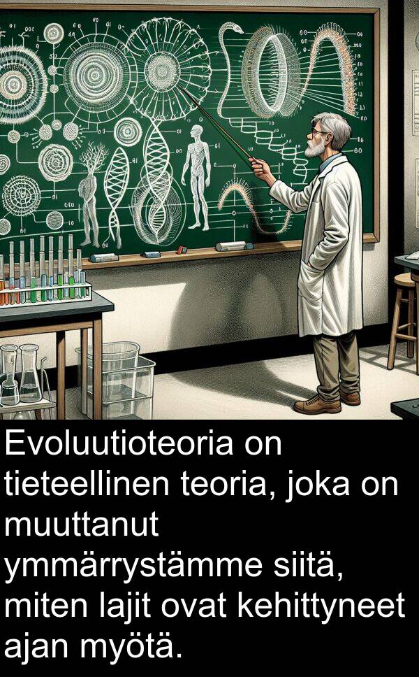 myötä: Evoluutioteoria on tieteellinen teoria, joka on muuttanut ymmärrystämme siitä, miten lajit ovat kehittyneet ajan myötä.