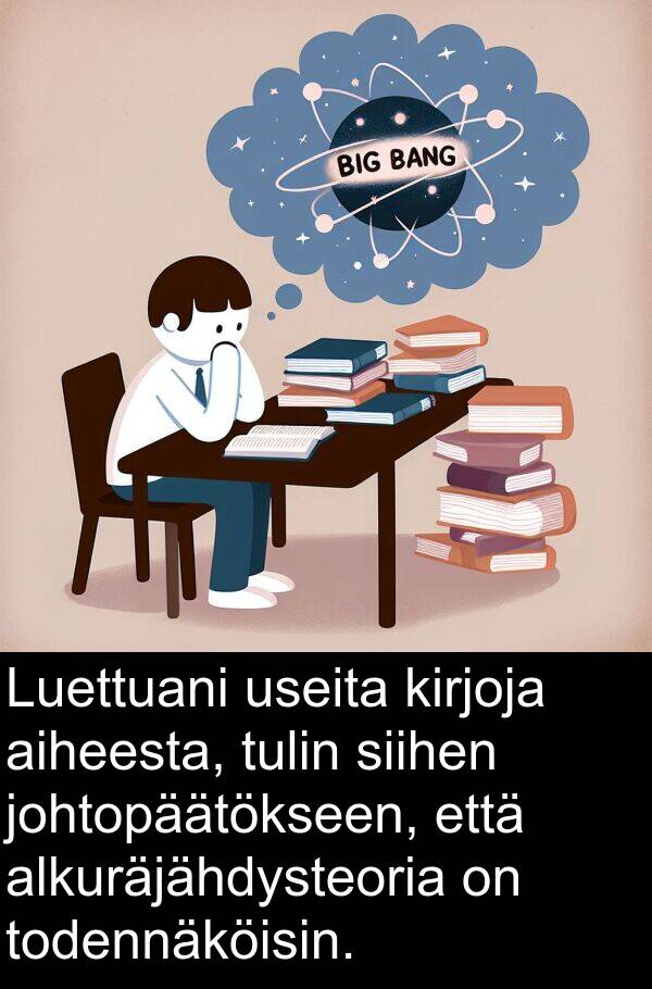 aiheesta: Luettuani useita kirjoja aiheesta, tulin siihen johtopäätökseen, että alkuräjähdysteoria on todennäköisin.