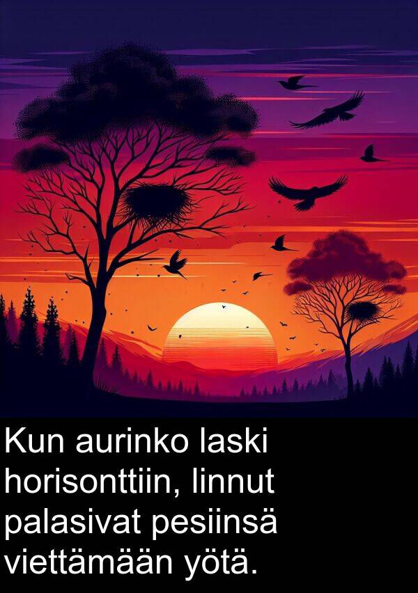 viettämään: Kun aurinko laski horisonttiin, linnut palasivat pesiinsä viettämään yötä.