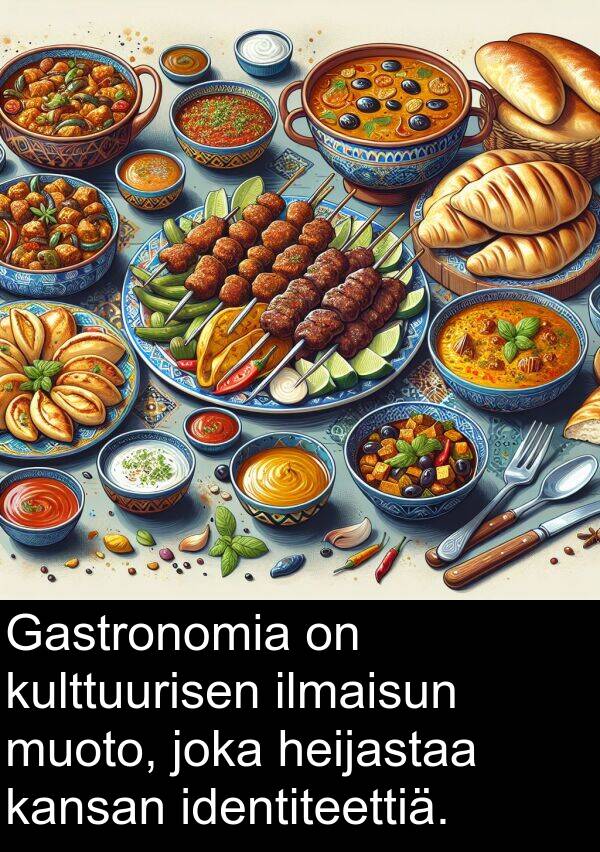 identiteettiä: Gastronomia on kulttuurisen ilmaisun muoto, joka heijastaa kansan identiteettiä.