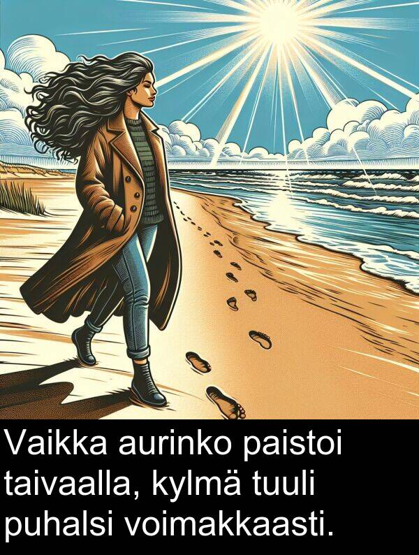 taivaalla: Vaikka aurinko paistoi taivaalla, kylmä tuuli puhalsi voimakkaasti.