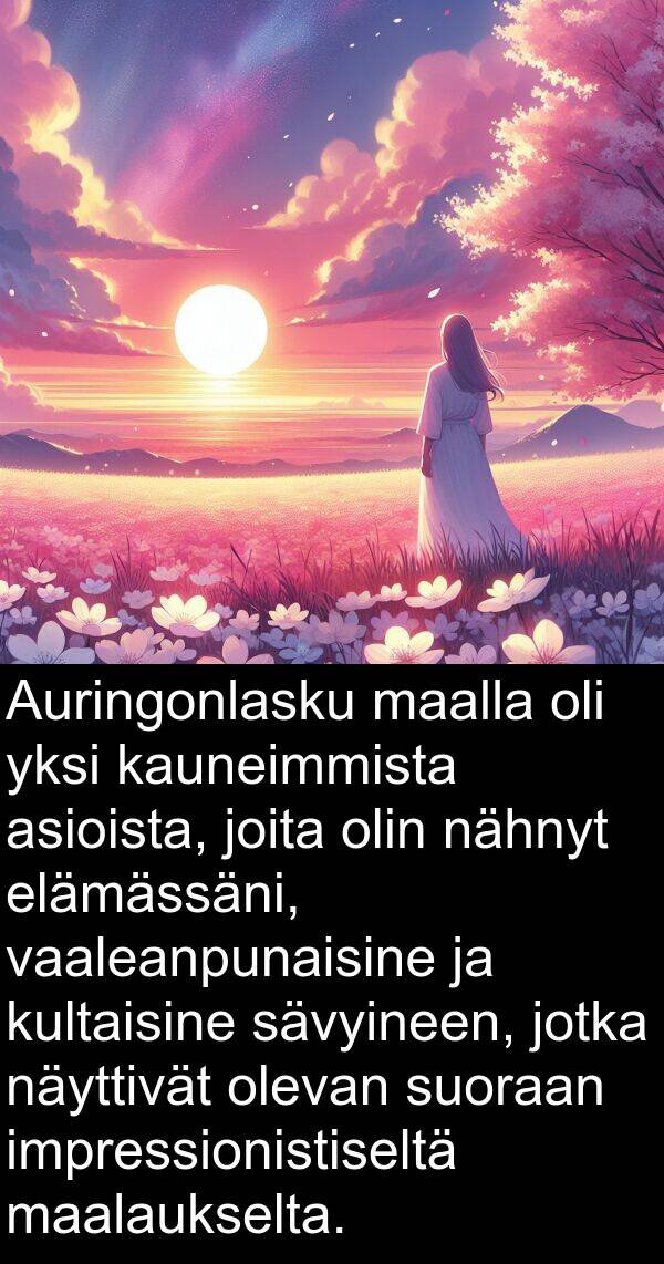 suoraan: Auringonlasku maalla oli yksi kauneimmista asioista, joita olin nähnyt elämässäni, vaaleanpunaisine ja kultaisine sävyineen, jotka näyttivät olevan suoraan impressionistiseltä maalaukselta.