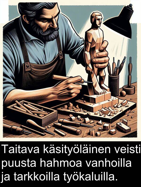vanhoilla: Taitava käsityöläinen veisti puusta hahmoa vanhoilla ja tarkkoilla työkaluilla.