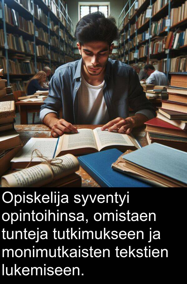 syventyi: Opiskelija syventyi opintoihinsa, omistaen tunteja tutkimukseen ja monimutkaisten tekstien lukemiseen.