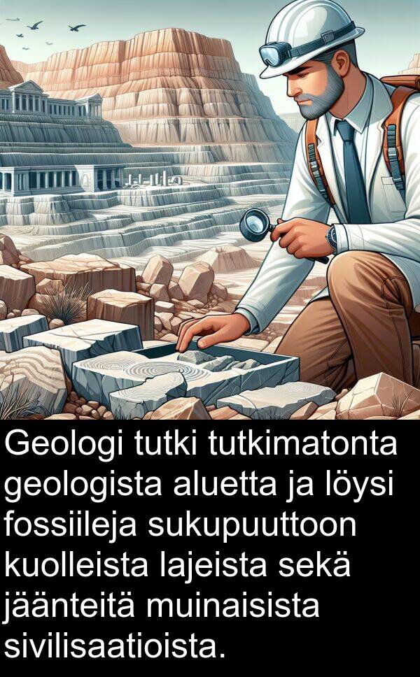 sukupuuttoon: Geologi tutki tutkimatonta geologista aluetta ja löysi fossiileja sukupuuttoon kuolleista lajeista sekä jäänteitä muinaisista sivilisaatioista.