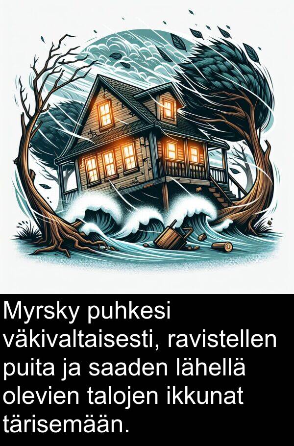 talojen: Myrsky puhkesi väkivaltaisesti, ravistellen puita ja saaden lähellä olevien talojen ikkunat tärisemään.