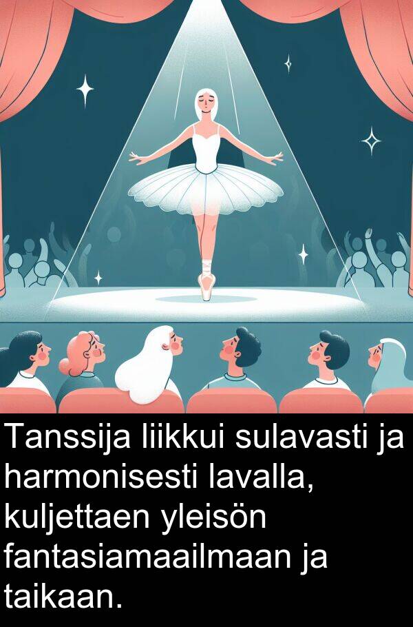 harmonisesti: Tanssija liikkui sulavasti ja harmonisesti lavalla, kuljettaen yleisön fantasiamaailmaan ja taikaan.