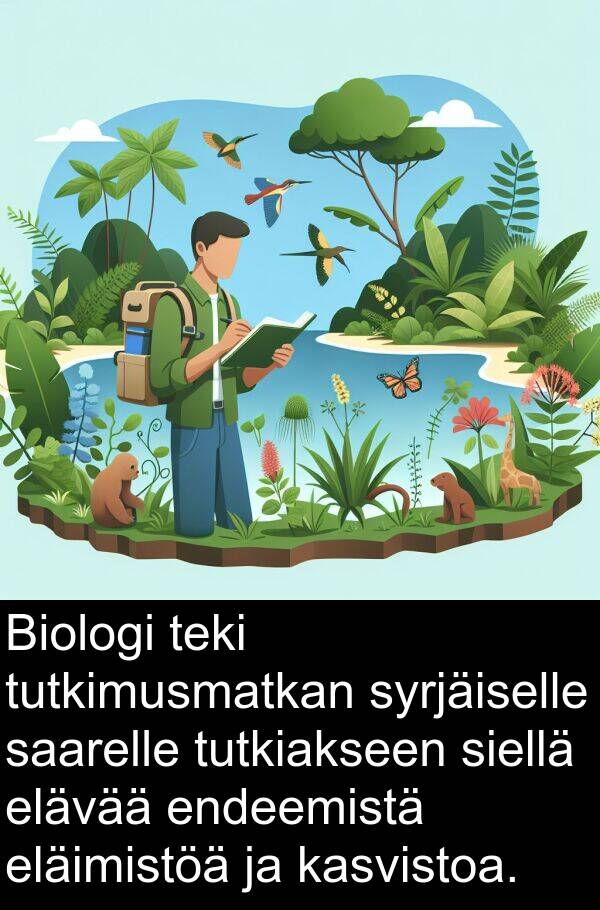 syrjäiselle: Biologi teki tutkimusmatkan syrjäiselle saarelle tutkiakseen siellä elävää endeemistä eläimistöä ja kasvistoa.