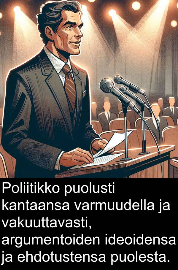 ehdotustensa: Poliitikko puolusti kantaansa varmuudella ja vakuuttavasti, argumentoiden ideoidensa ja ehdotustensa puolesta.