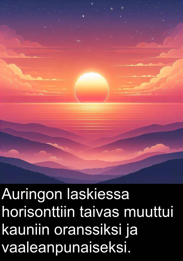taivas: Auringon laskiessa horisonttiin taivas muuttui kauniin oranssiksi ja vaaleanpunaiseksi.
