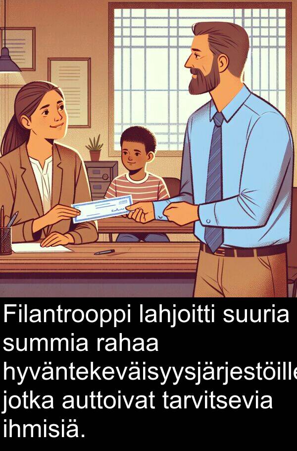 suuria: Filantrooppi lahjoitti suuria summia rahaa hyväntekeväisyysjärjestöille, jotka auttoivat tarvitsevia ihmisiä.
