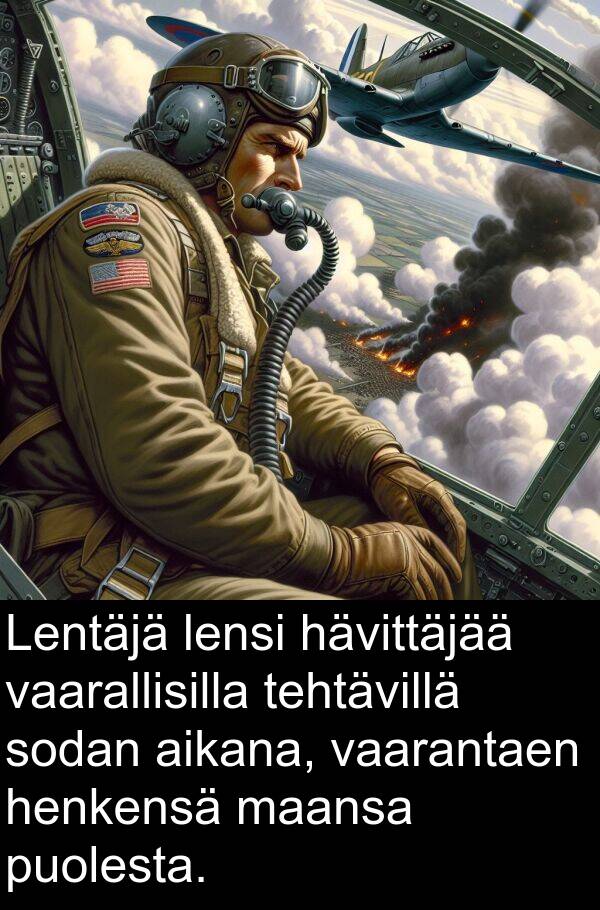 sodan: Lentäjä lensi hävittäjää vaarallisilla tehtävillä sodan aikana, vaarantaen henkensä maansa puolesta.