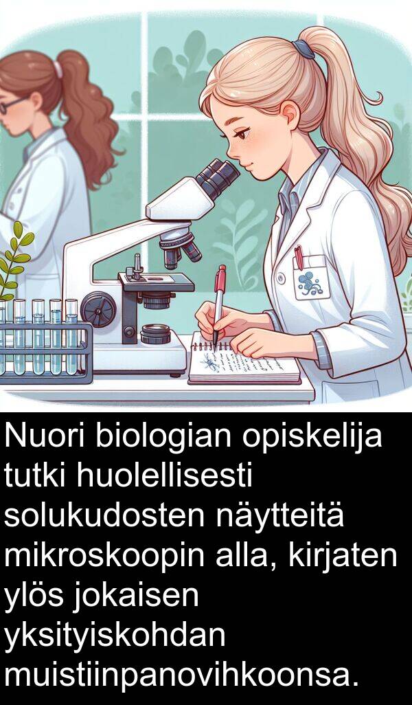 jokaisen: Nuori biologian opiskelija tutki huolellisesti solukudosten näytteitä mikroskoopin alla, kirjaten ylös jokaisen yksityiskohdan muistiinpanovihkoonsa.