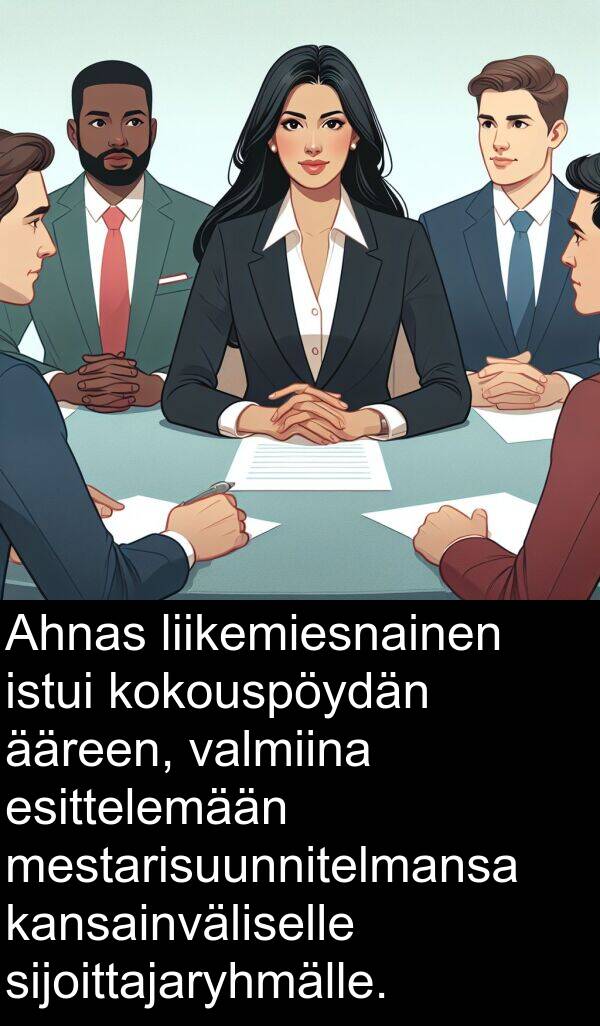 sijoittajaryhmälle: Ahnas liikemiesnainen istui kokouspöydän ääreen, valmiina esittelemään mestarisuunnitelmansa kansainväliselle sijoittajaryhmälle.