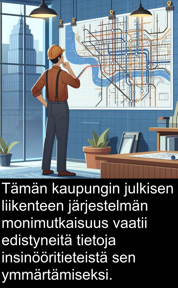 vaatii: Tämän kaupungin julkisen liikenteen järjestelmän monimutkaisuus vaatii edistyneitä tietoja insinööritieteistä sen ymmärtämiseksi.