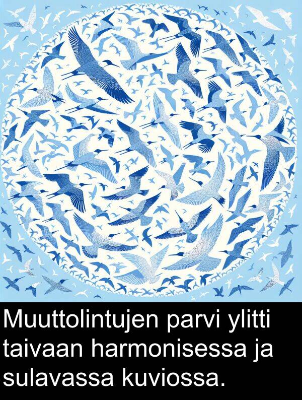 harmonisessa: Muuttolintujen parvi ylitti taivaan harmonisessa ja sulavassa kuviossa.