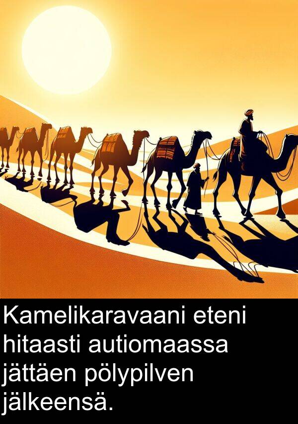 jälkeensä: Kamelikaravaani eteni hitaasti autiomaassa jättäen pölypilven jälkeensä.