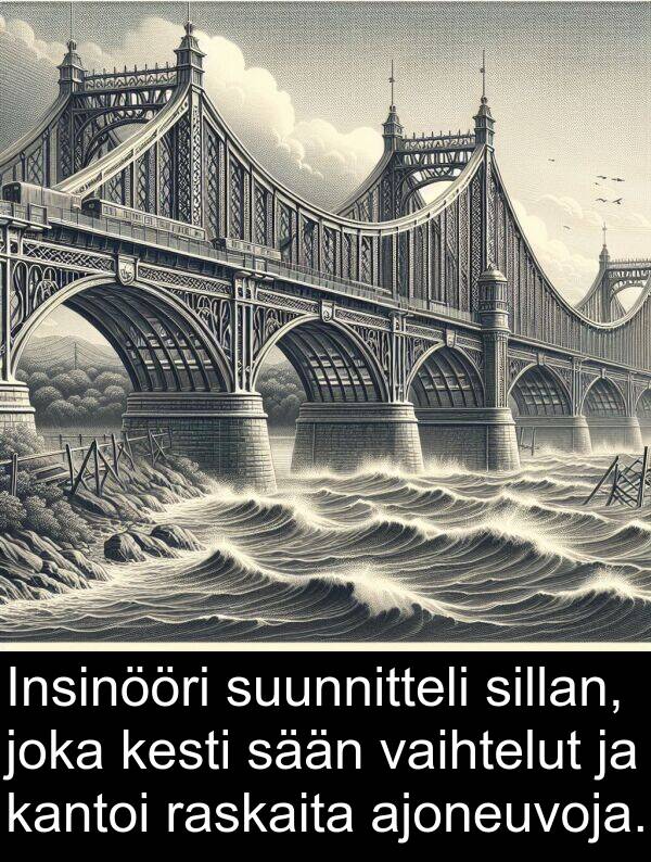 suunnitteli: Insinööri suunnitteli sillan, joka kesti sään vaihtelut ja kantoi raskaita ajoneuvoja.
