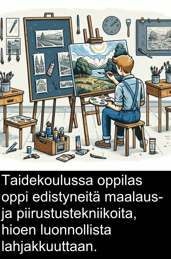 maalaus: Taidekoulussa oppilas oppi edistyneitä maalaus- ja piirustustekniikoita, hioen luonnollista lahjakkuuttaan.