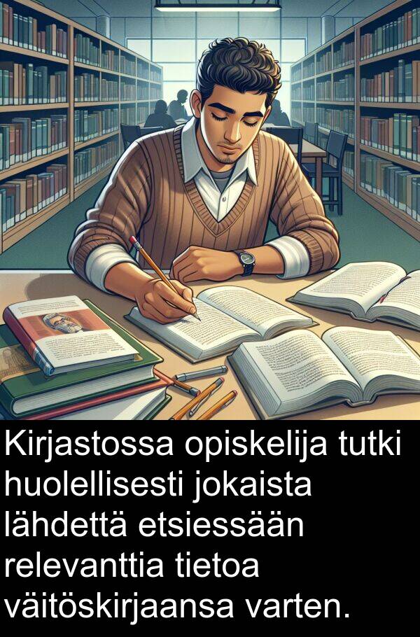 jokaista: Kirjastossa opiskelija tutki huolellisesti jokaista lähdettä etsiessään relevanttia tietoa väitöskirjaansa varten.
