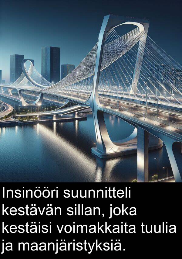 suunnitteli: Insinööri suunnitteli kestävän sillan, joka kestäisi voimakkaita tuulia ja maanjäristyksiä.