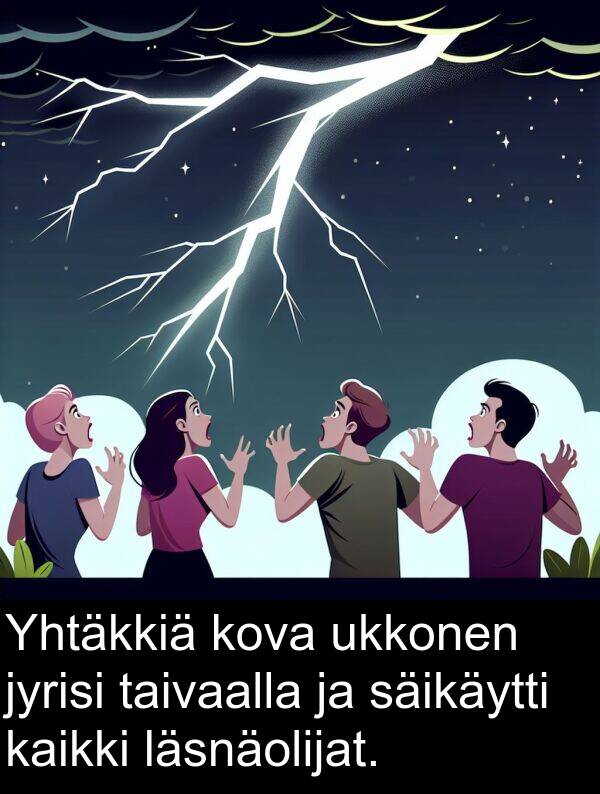 taivaalla: Yhtäkkiä kova ukkonen jyrisi taivaalla ja säikäytti kaikki läsnäolijat.
