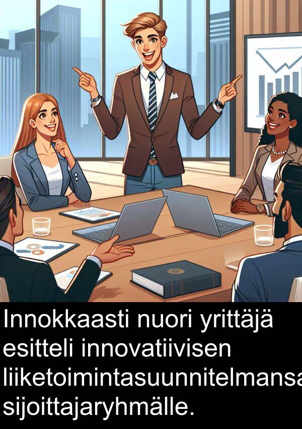 yrittäjä: Innokkaasti nuori yrittäjä esitteli innovatiivisen liiketoimintasuunnitelmansa sijoittajaryhmälle.