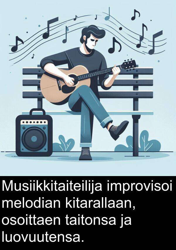 luovuutensa: Musiikkitaiteilija improvisoi melodian kitarallaan, osoittaen taitonsa ja luovuutensa.