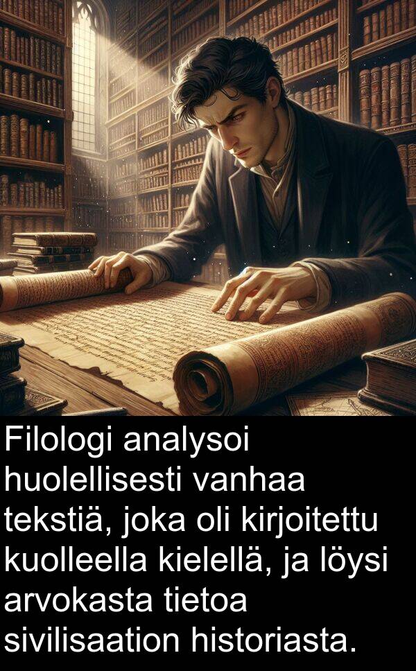 sivilisaation: Filologi analysoi huolellisesti vanhaa tekstiä, joka oli kirjoitettu kuolleella kielellä, ja löysi arvokasta tietoa sivilisaation historiasta.