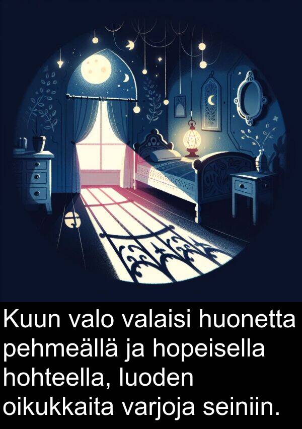 seiniin: Kuun valo valaisi huonetta pehmeällä ja hopeisella hohteella, luoden oikukkaita varjoja seiniin.